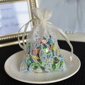 12 Ivory White Flower Lace Favor Bag 4"x6" Pouches with Satin Ribbon Drawstring Purse