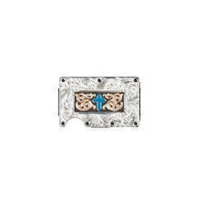 3D Silver Engraved Utility Wallet with Turquoise Cross Motif