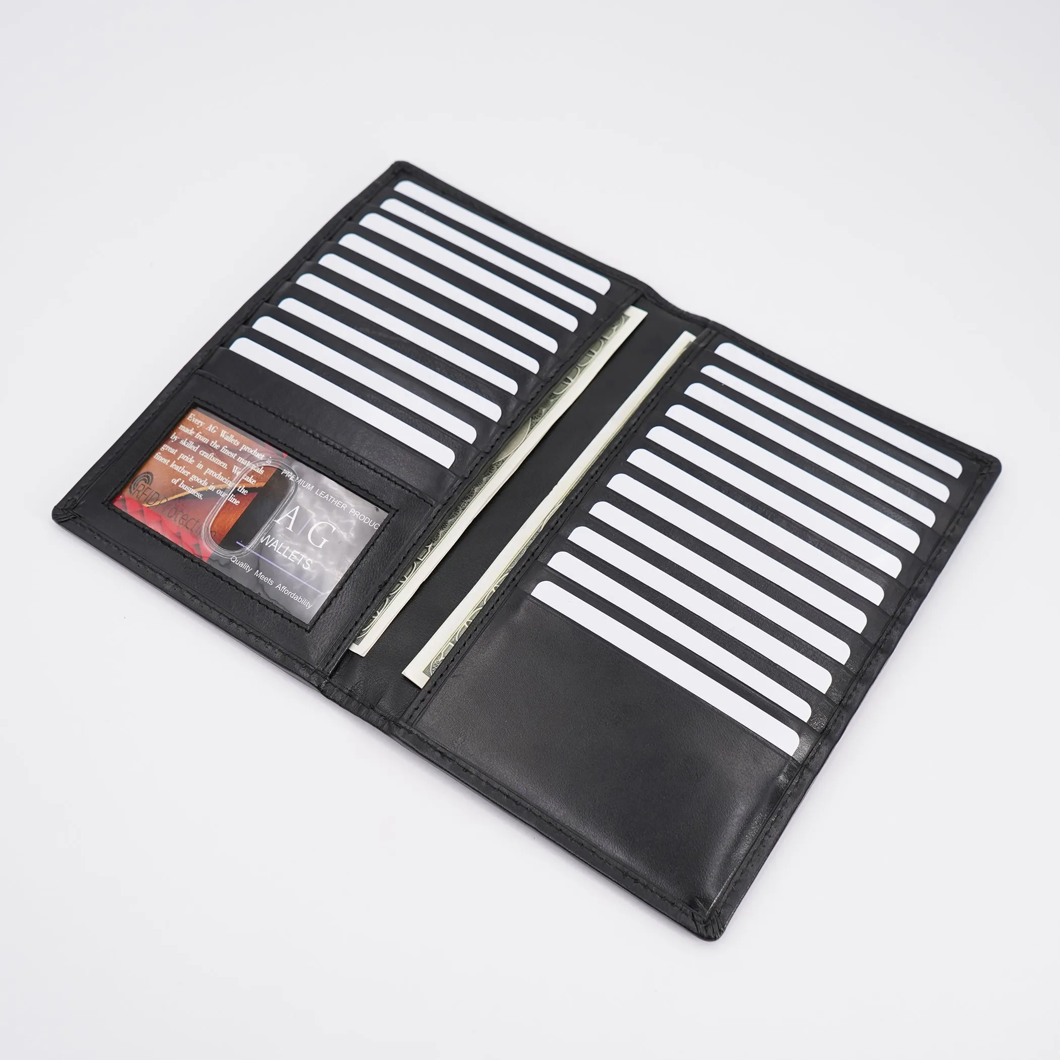 AG Wallets Cow Leather Credit Card Organizer, RFID Long Wallet, 20 Card Holder, Black Silk