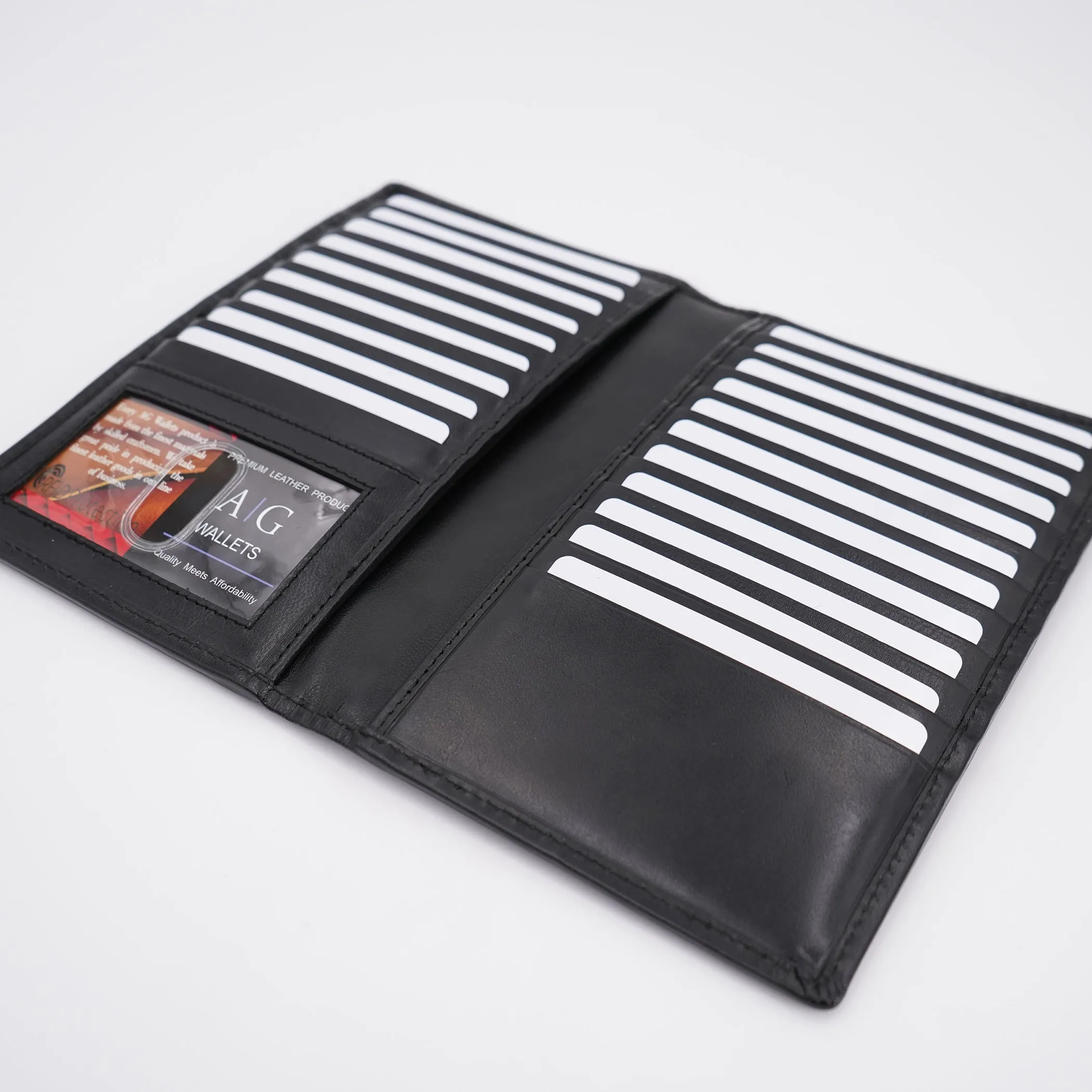 AG Wallets Cow Leather Credit Card Organizer, RFID Long Wallet, 20 Card Holder, Black Silk