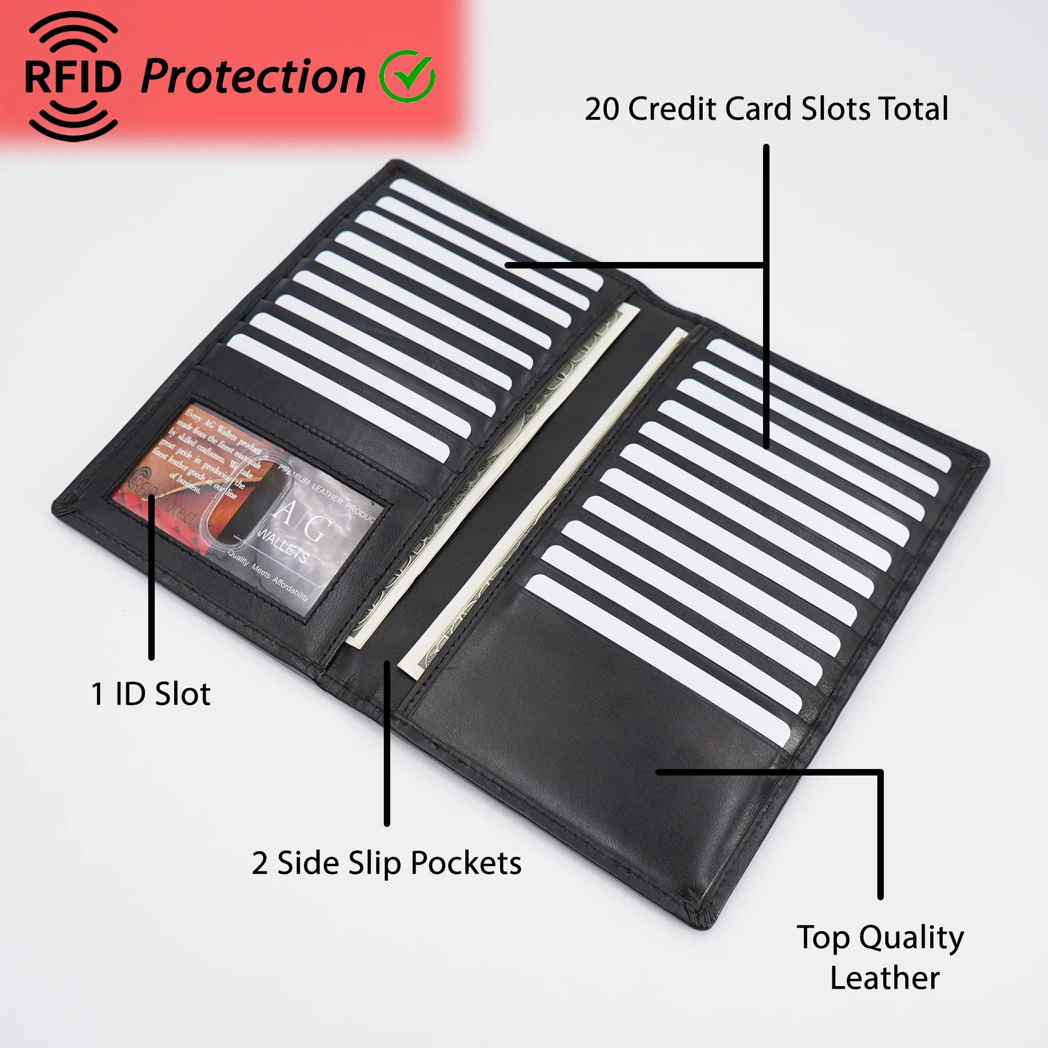 AG Wallets Cow Leather Credit Card Organizer, RFID Long Wallet, 20 Card Holder, Black Silk