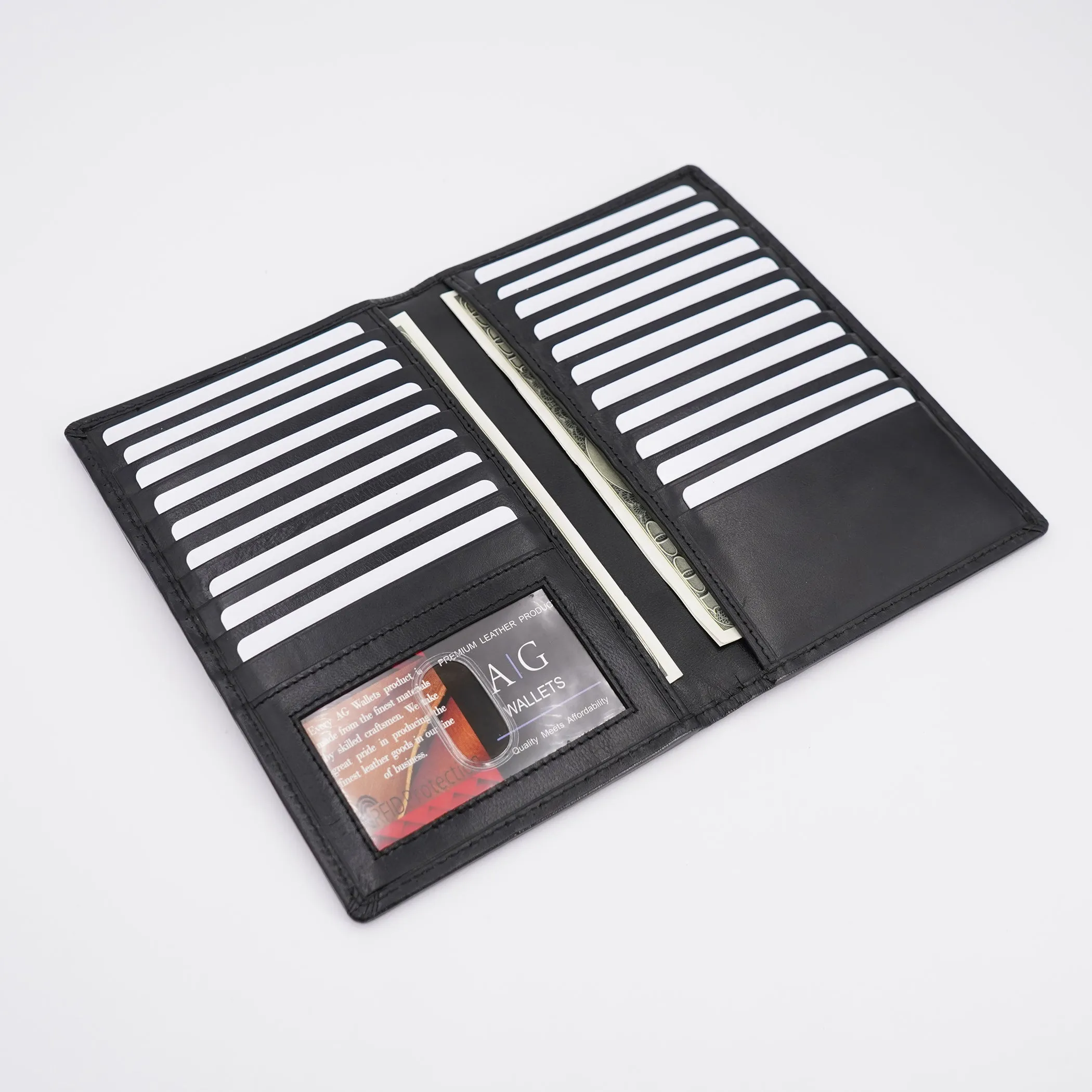 AG Wallets Cow Leather Credit Card Organizer, RFID Long Wallet, 20 Card Holder, Black Silk