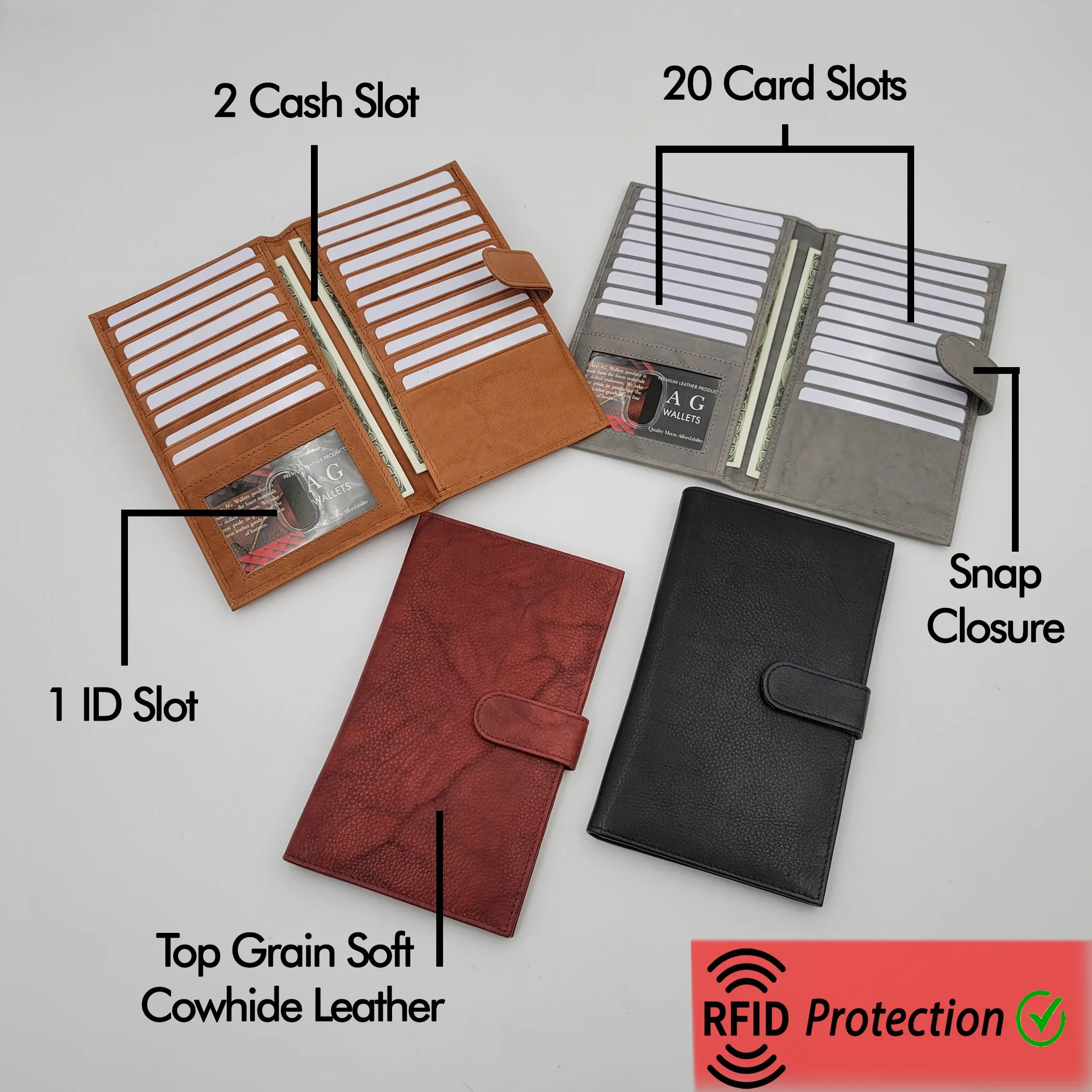 AG Wallets RFID Snap Close Full Grain Napa Cowhide Leather Credit Card Organizer Long Wallet, Holds Up To 20 Cards, 2 Side Cash Slots