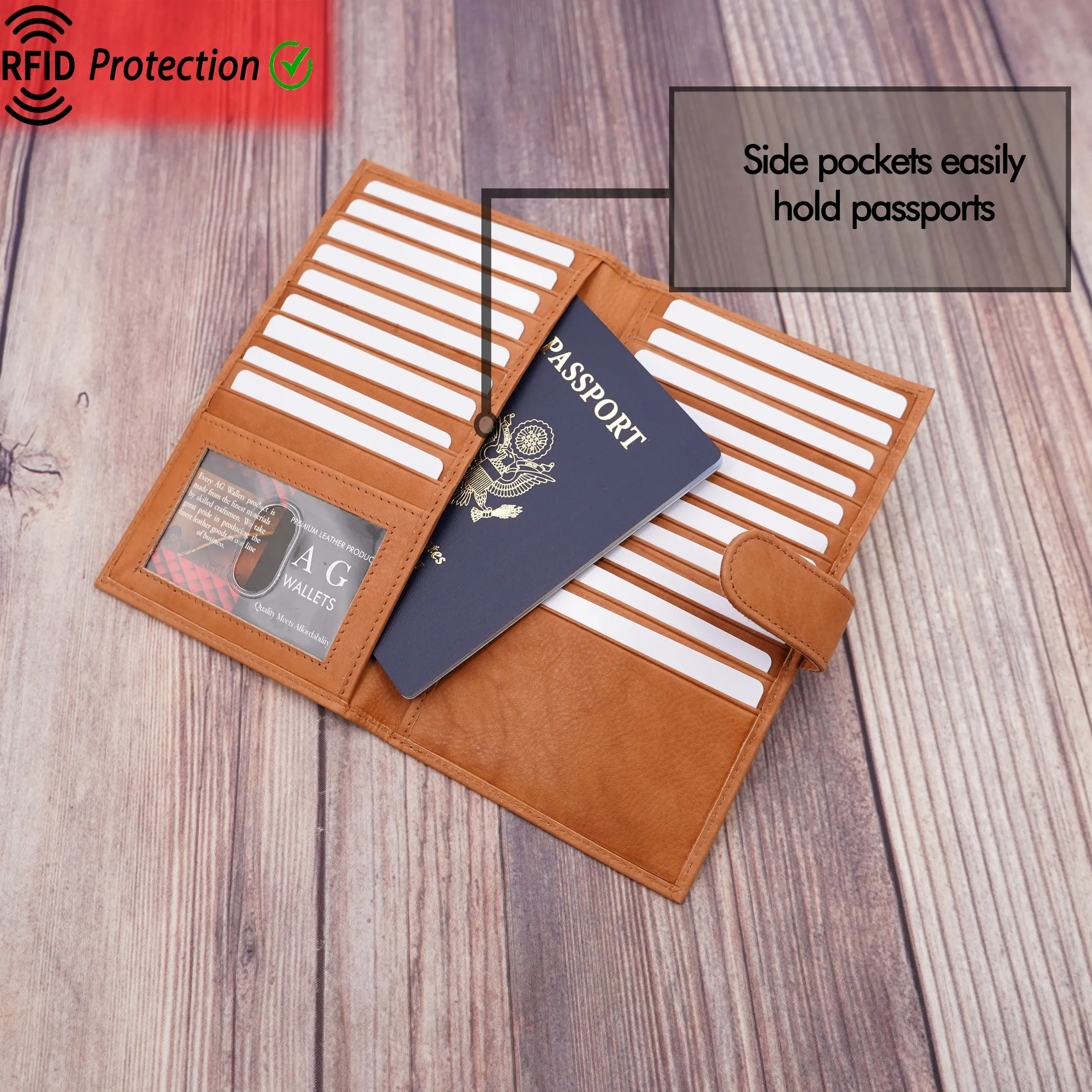 AG Wallets RFID Snap Close Full Grain Napa Cowhide Leather Credit Card Organizer Long Wallet, Holds Up To 20 Cards, 2 Side Cash Slots