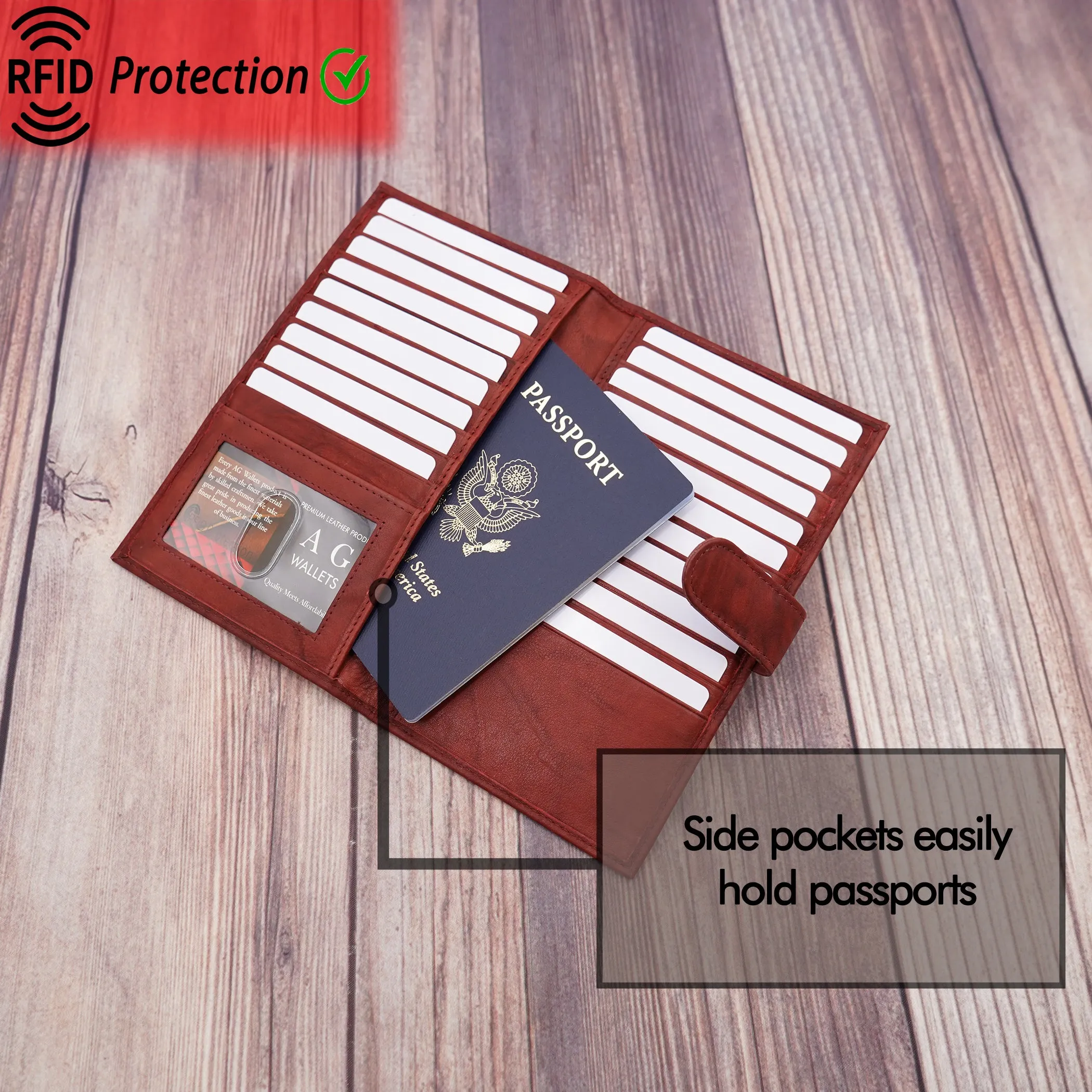 AG Wallets RFID Snap Close Full Grain Napa Cowhide Leather Credit Card Organizer Long Wallet, Holds Up To 20 Cards, 2 Side Cash Slots