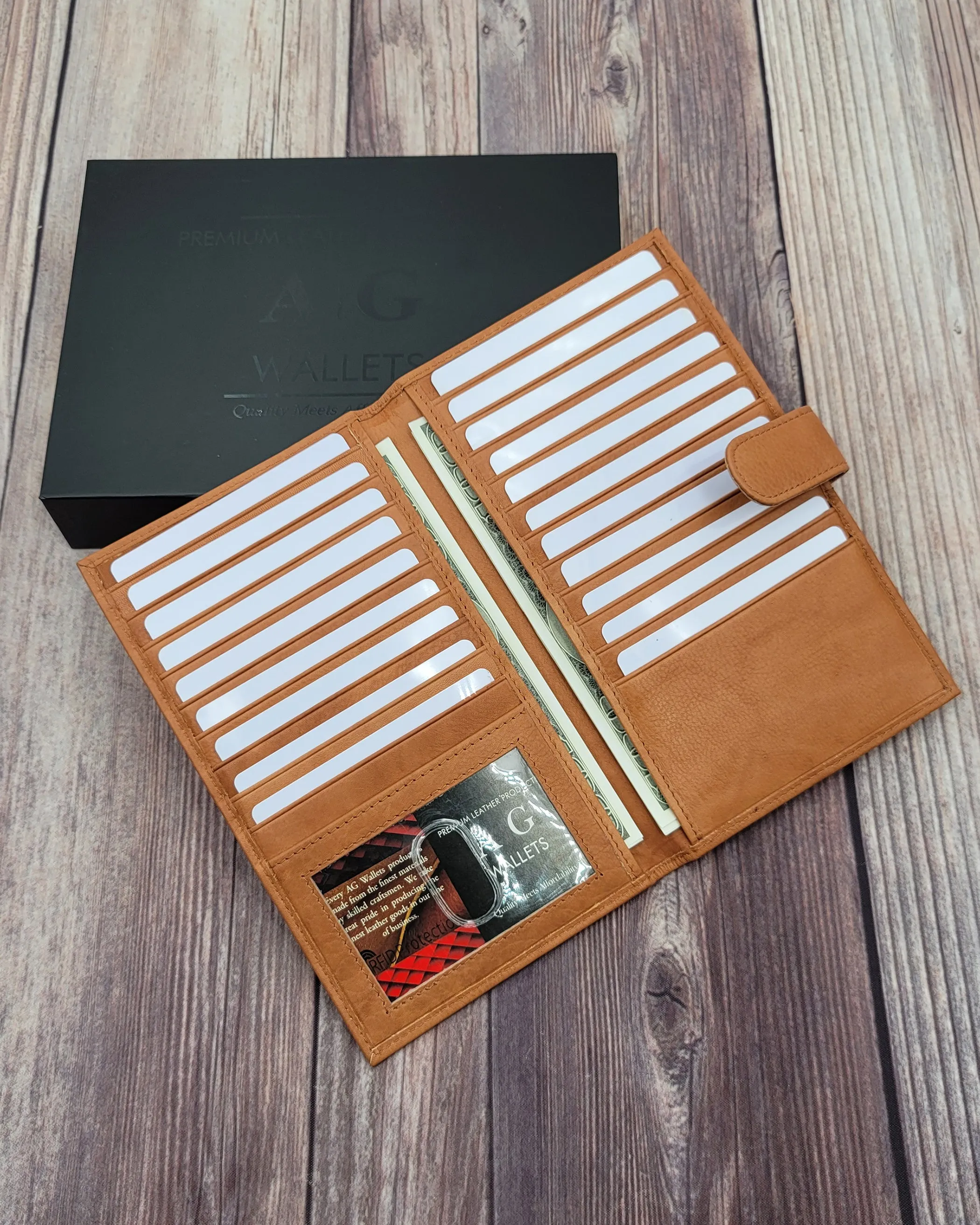 AG Wallets RFID Snap Close Full Grain Napa Cowhide Leather Credit Card Organizer Long Wallet, Holds Up To 20 Cards, 2 Side Cash Slots