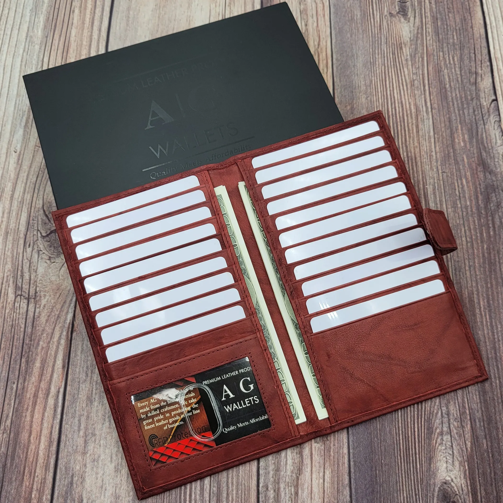 AG Wallets RFID Snap Close Full Grain Napa Cowhide Leather Credit Card Organizer Long Wallet, Holds Up To 20 Cards, 2 Side Cash Slots