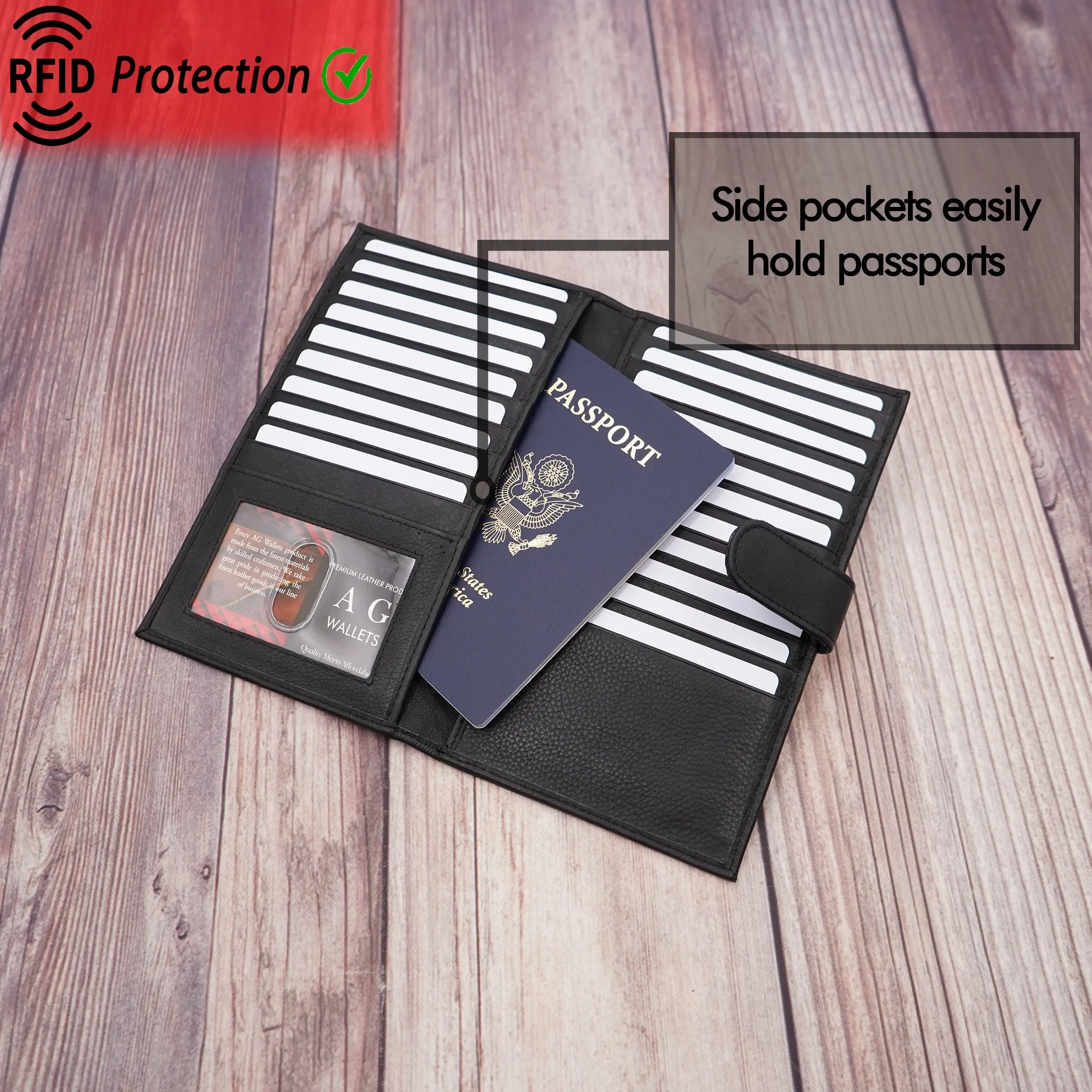 AG Wallets RFID Snap Close Full Grain Napa Cowhide Leather Credit Card Organizer Long Wallet, Holds Up To 20 Cards, 2 Side Cash Slots