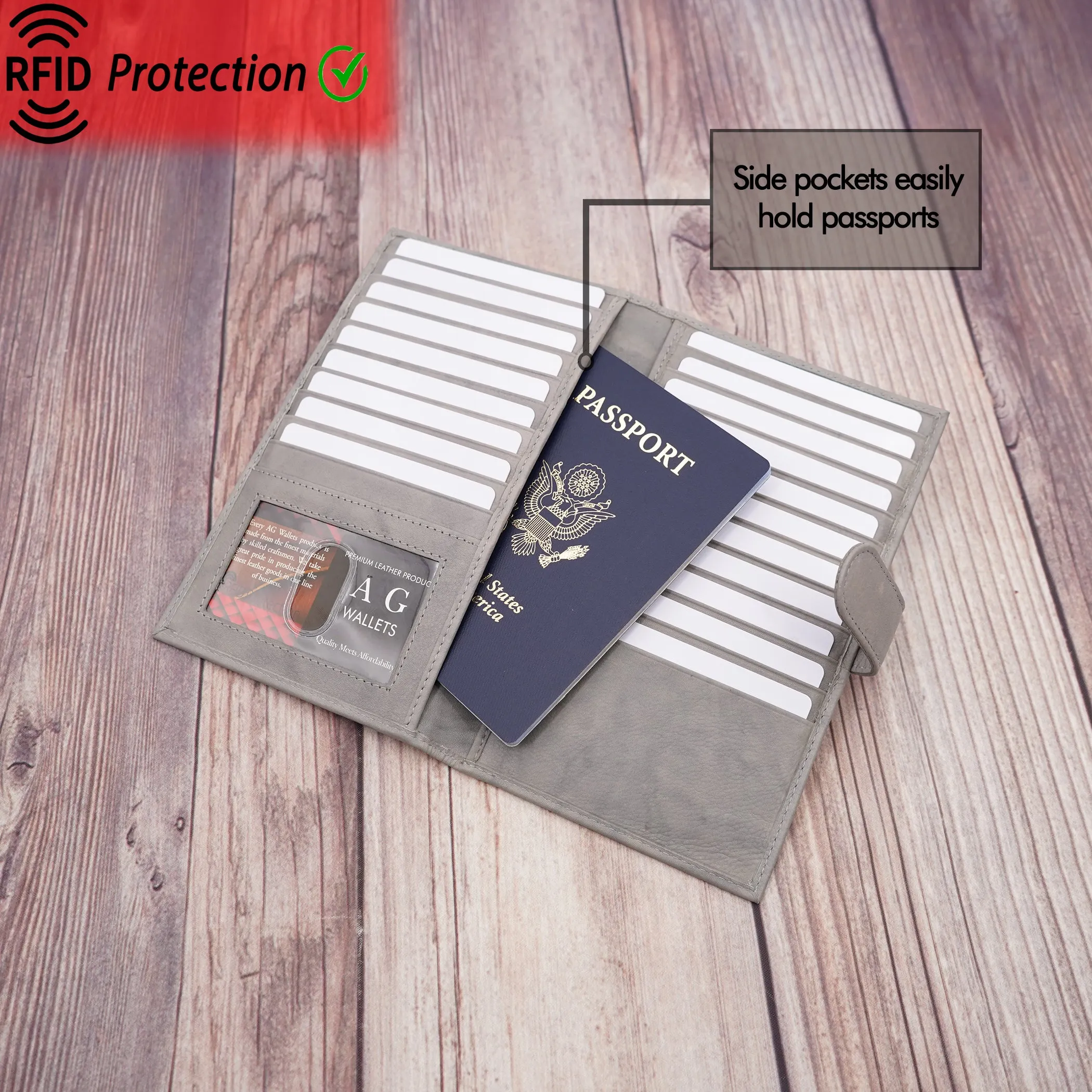 AG Wallets RFID Snap Close Full Grain Napa Cowhide Leather Credit Card Organizer Long Wallet, Holds Up To 20 Cards, 2 Side Cash Slots