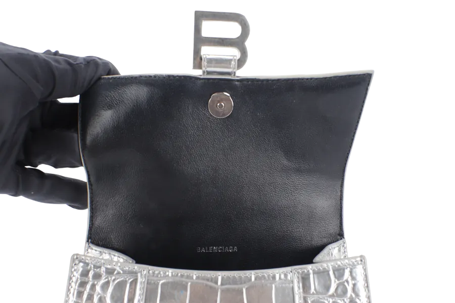 BALENCIAGA HOURGLASS XS HANDBAG IN SILVER METALLIC CROC-EFFECT LEATHER SILVER HARDWARE NO DUST COVER