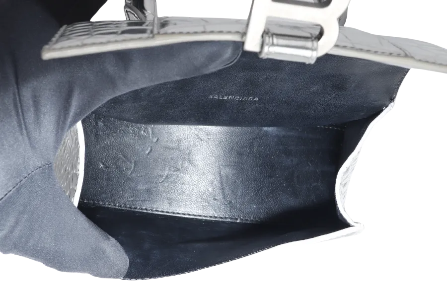 BALENCIAGA HOURGLASS XS HANDBAG IN SILVER METALLIC CROC-EFFECT LEATHER SILVER HARDWARE NO DUST COVER