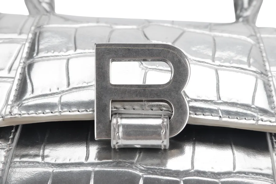 BALENCIAGA HOURGLASS XS HANDBAG IN SILVER METALLIC CROC-EFFECT LEATHER SILVER HARDWARE NO DUST COVER