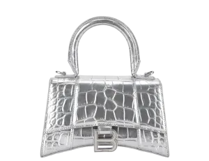 BALENCIAGA HOURGLASS XS HANDBAG IN SILVER METALLIC CROC-EFFECT LEATHER SILVER HARDWARE NO DUST COVER