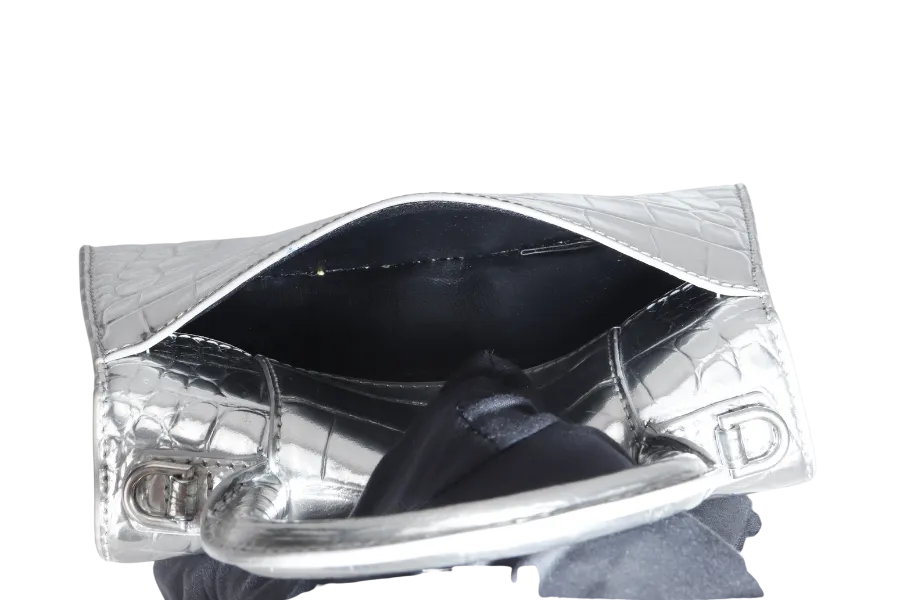BALENCIAGA HOURGLASS XS HANDBAG IN SILVER METALLIC CROC-EFFECT LEATHER SILVER HARDWARE NO DUST COVER