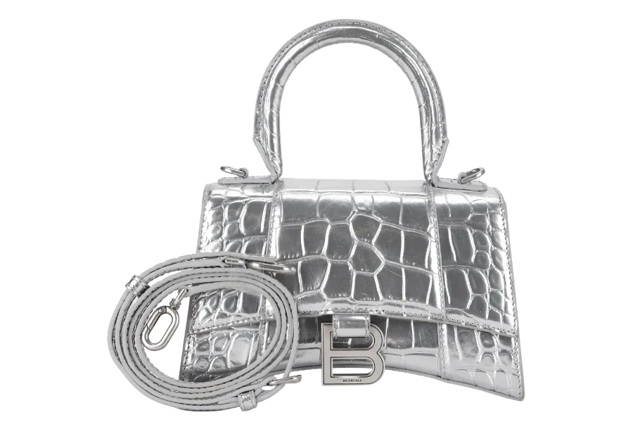 BALENCIAGA HOURGLASS XS HANDBAG IN SILVER METALLIC CROC-EFFECT LEATHER SILVER HARDWARE NO DUST COVER