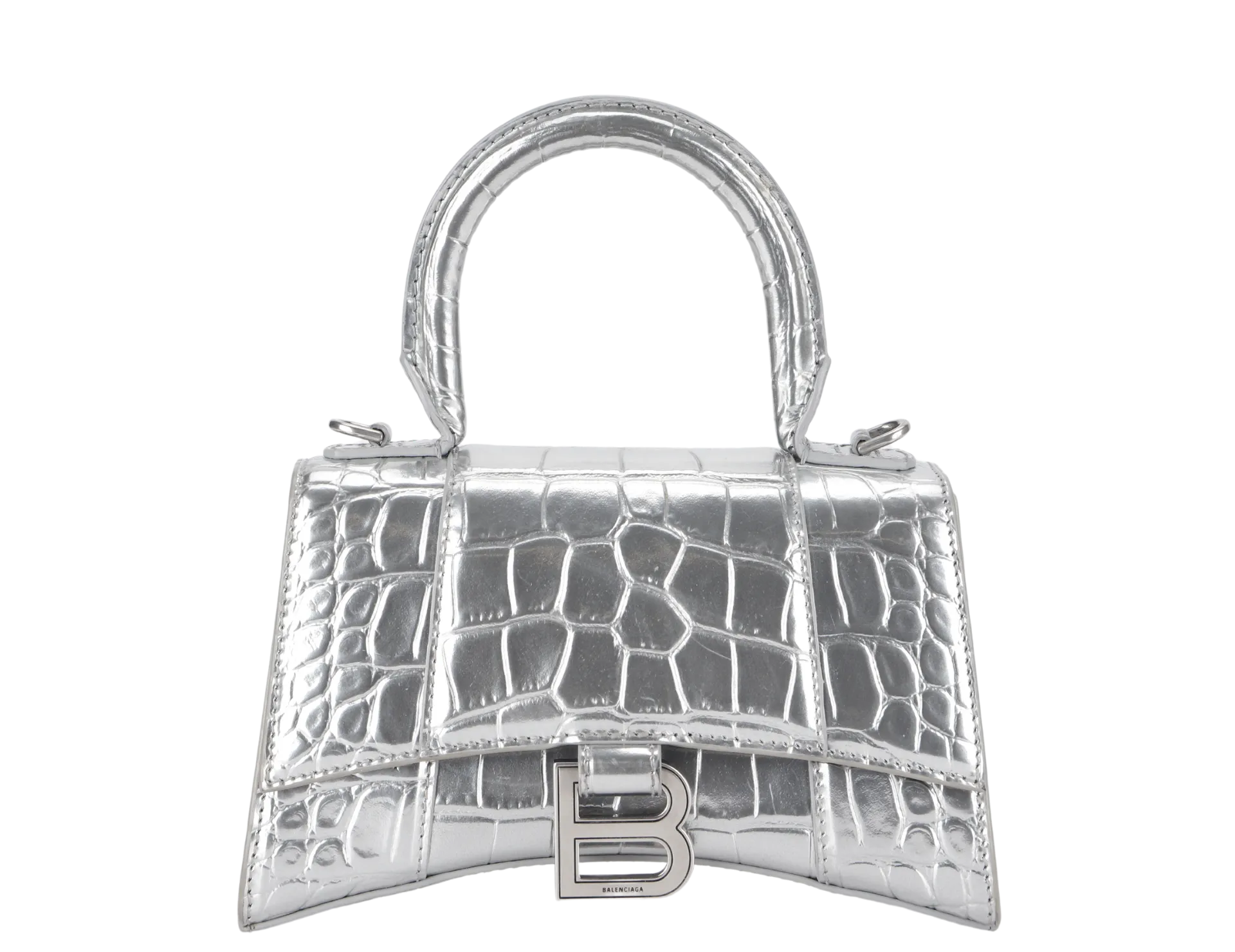 BALENCIAGA HOURGLASS XS HANDBAG IN SILVER METALLIC CROC-EFFECT LEATHER SILVER HARDWARE NO DUST COVER