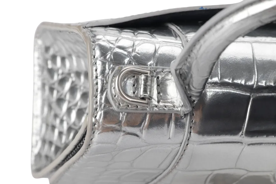 BALENCIAGA HOURGLASS XS HANDBAG IN SILVER METALLIC CROC-EFFECT LEATHER SILVER HARDWARE NO DUST COVER