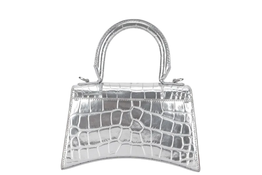 BALENCIAGA HOURGLASS XS HANDBAG IN SILVER METALLIC CROC-EFFECT LEATHER SILVER HARDWARE NO DUST COVER