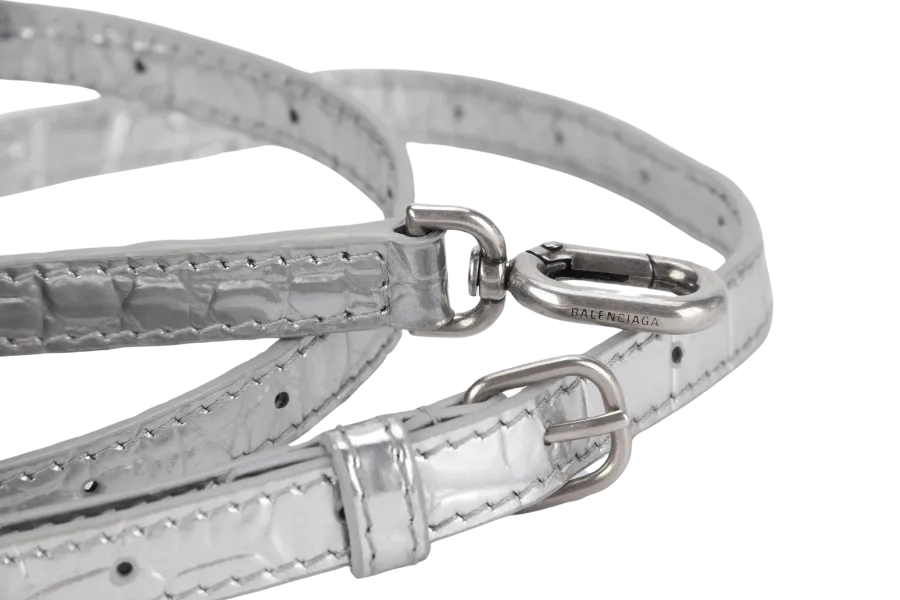 BALENCIAGA HOURGLASS XS HANDBAG IN SILVER METALLIC CROC-EFFECT LEATHER SILVER HARDWARE NO DUST COVER