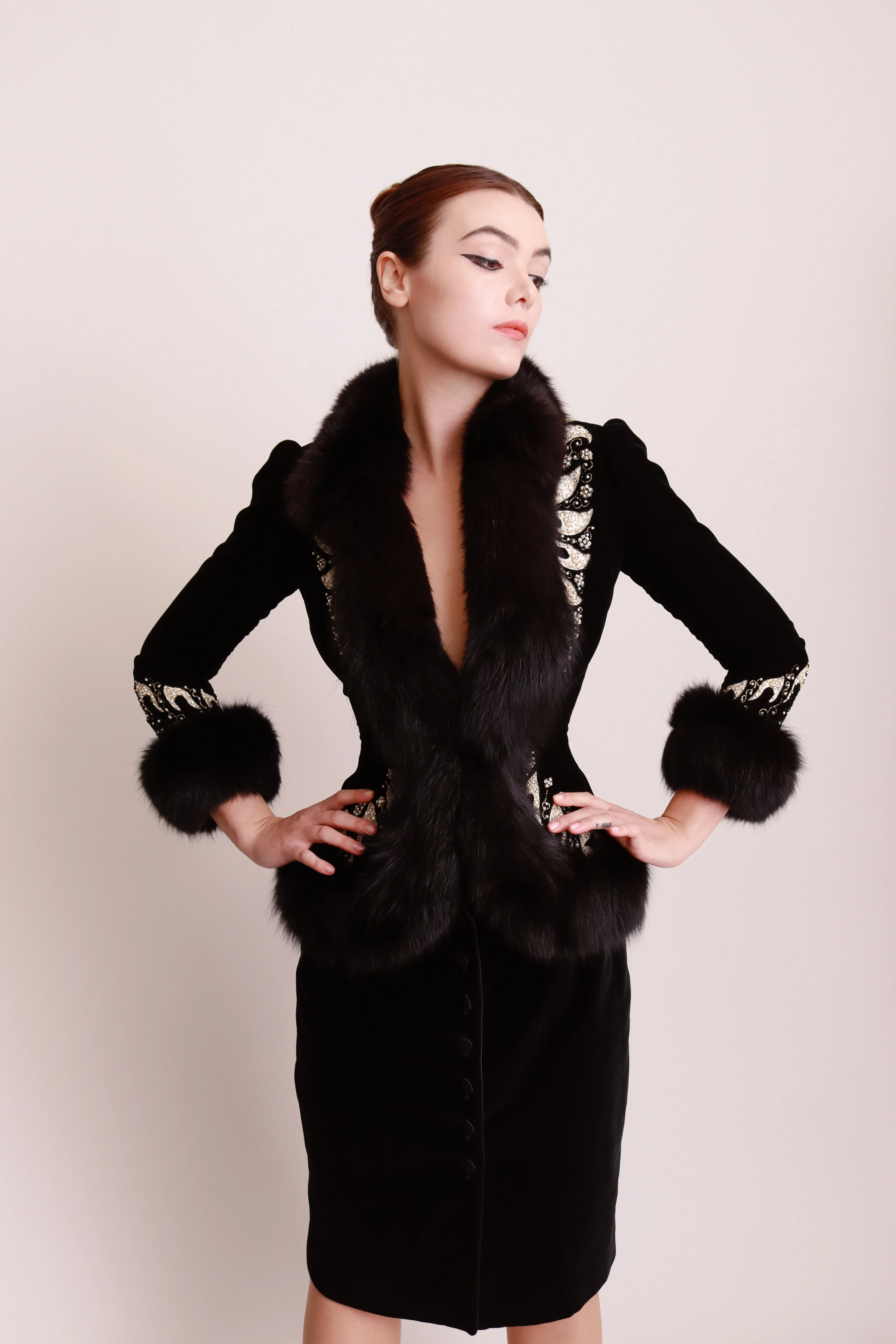 Beaded Fur Trim Velvet Jacket