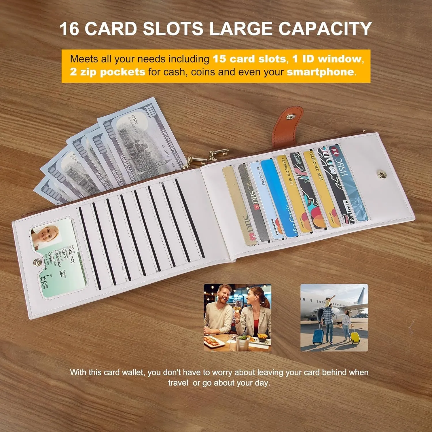 Bifold Multi Card Wallet, Double Zipper Pocke Credit Card Holder