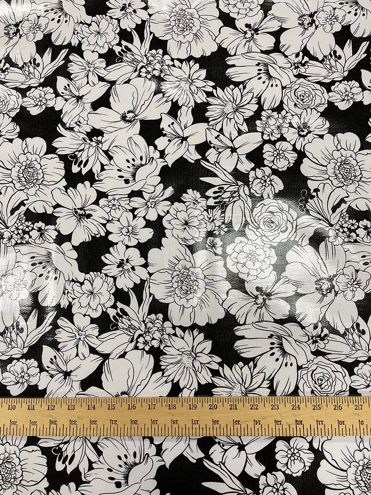Black White Floral Oilcloth Fabric - Reorderable