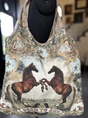 Born To Run Boho Linen Tote Bag Wild Horse & Floral Print - Pre-Order - Ships In August