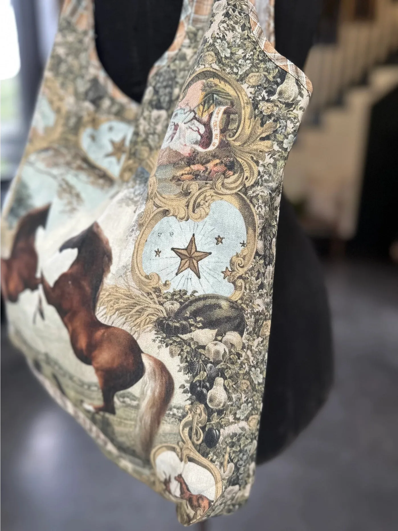 Born To Run Boho Linen Tote Bag Wild Horse & Floral Print - Pre-Order - Ships In August