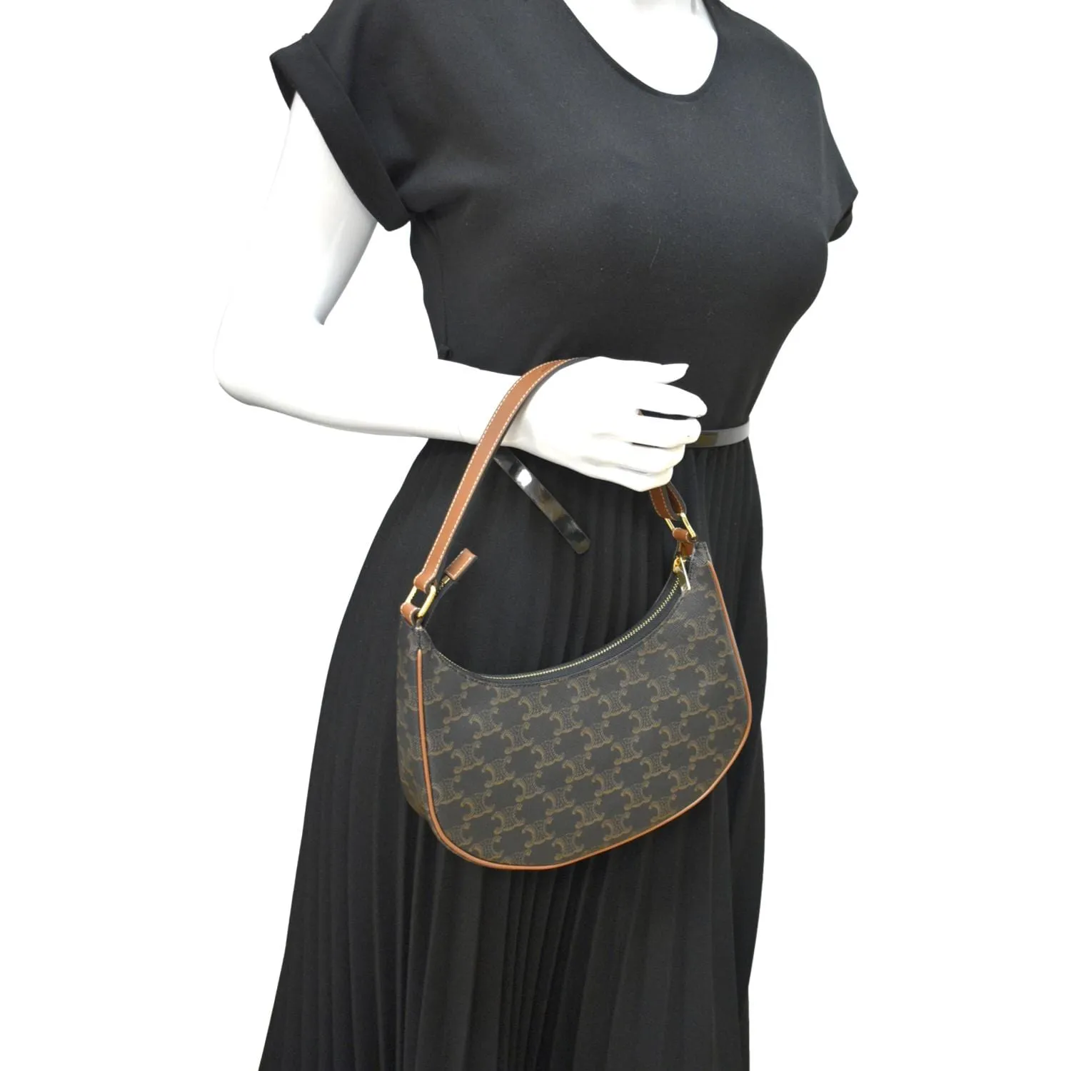 CELINE Ava Triomphe Canvas Calfskin Shoulder Bag Tan