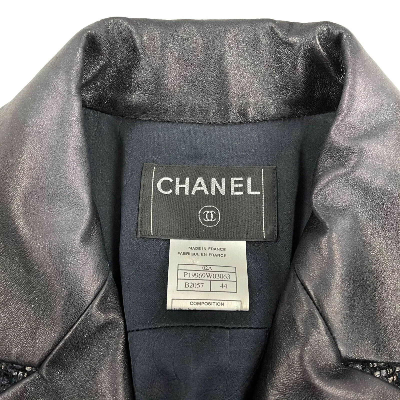 Chanel 02A Leather Trim Tweed Jacket/Skirt Suit Set - Navy Multi Metallic US L