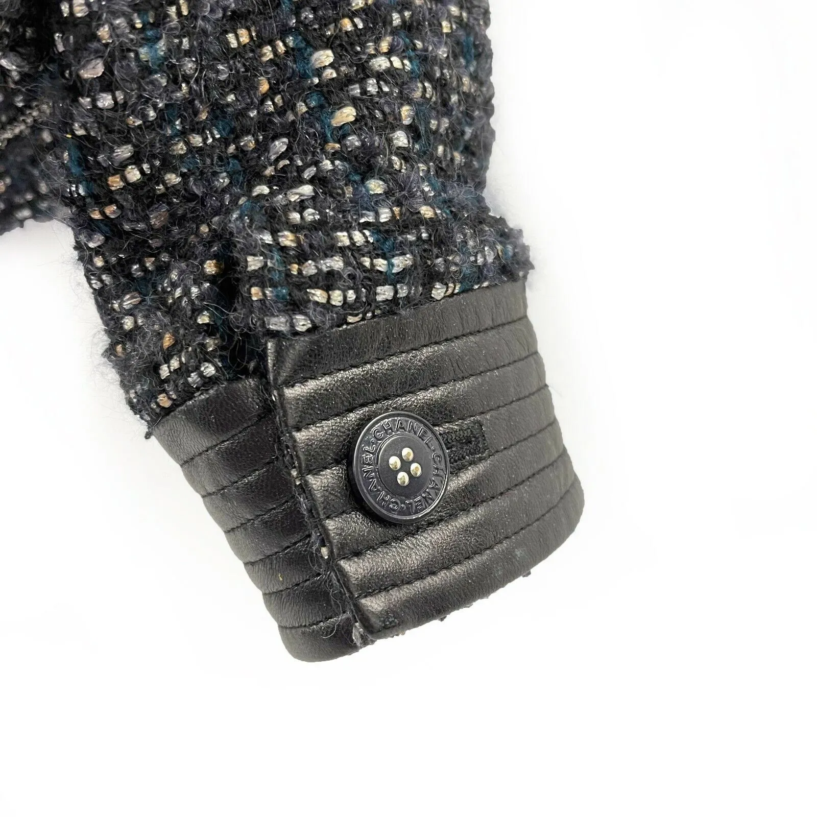 Chanel 02A Leather Trim Tweed Jacket/Skirt Suit Set - Navy Multi Metallic US L