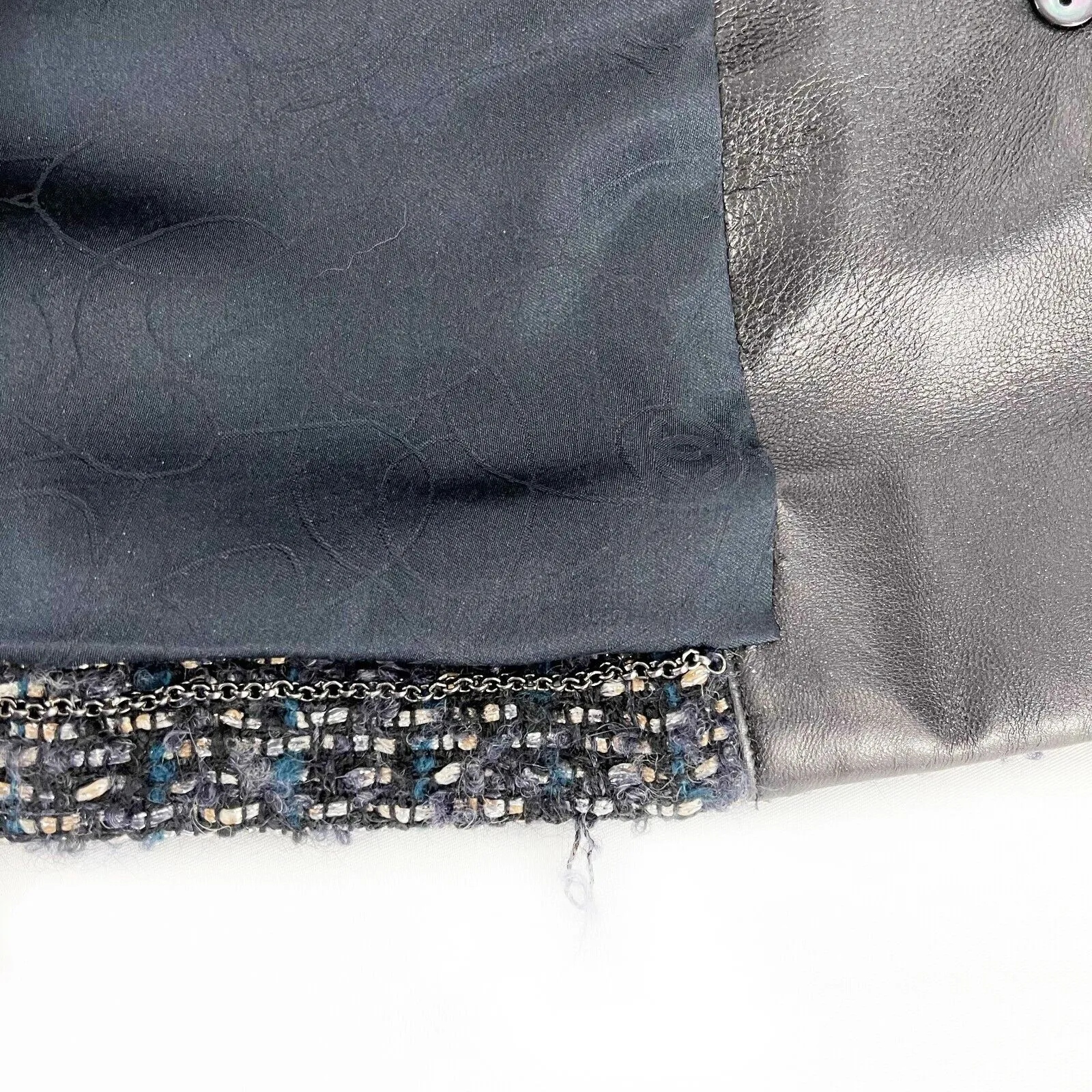 Chanel 02A Leather Trim Tweed Jacket/Skirt Suit Set - Navy Multi Metallic US L