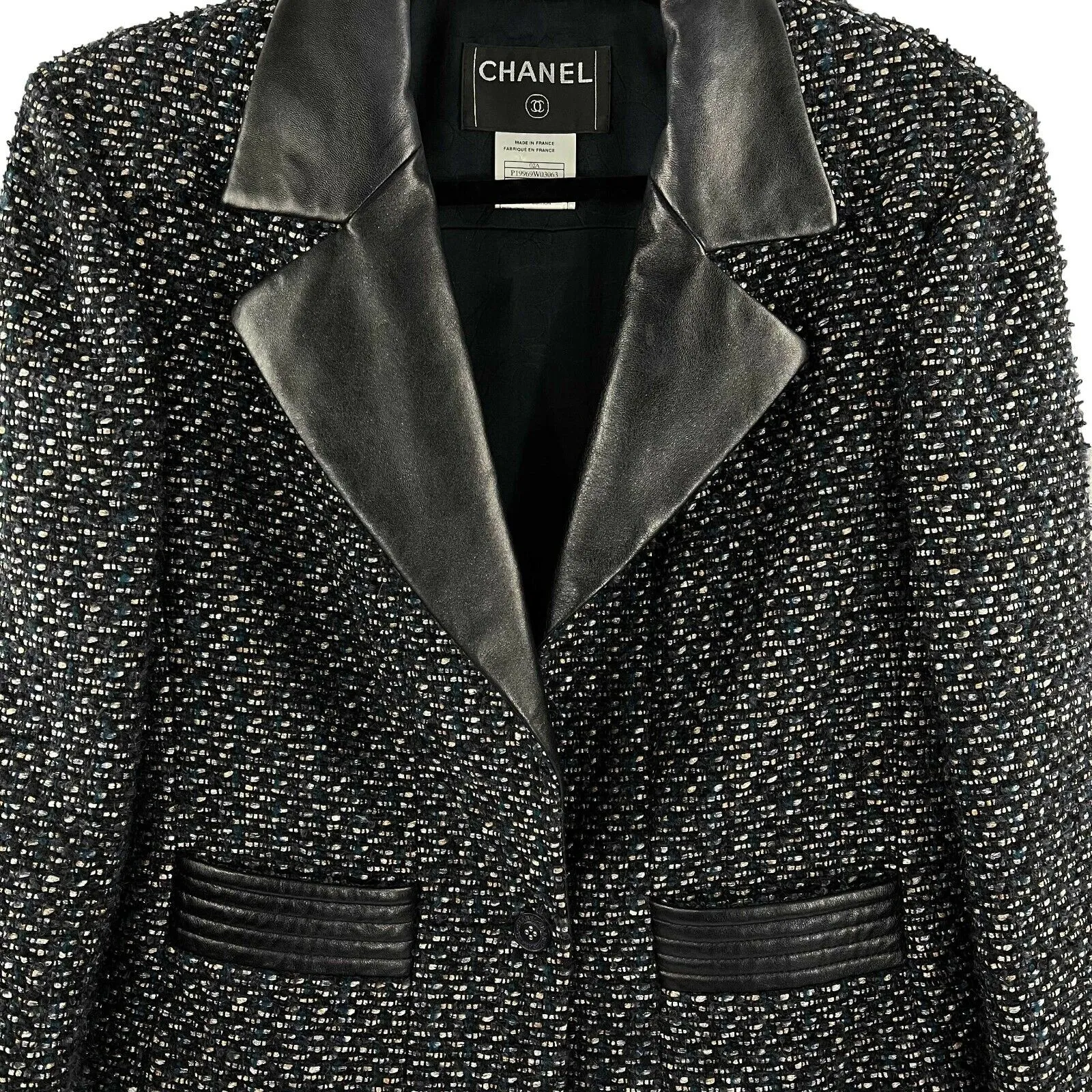 Chanel 02A Leather Trim Tweed Jacket/Skirt Suit Set - Navy Multi Metallic US L