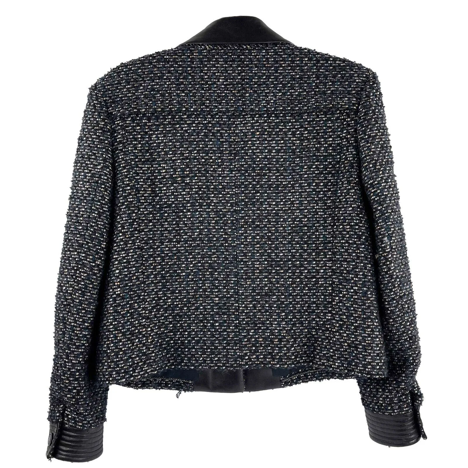 Chanel 02A Leather Trim Tweed Jacket/Skirt Suit Set - Navy Multi Metallic US L