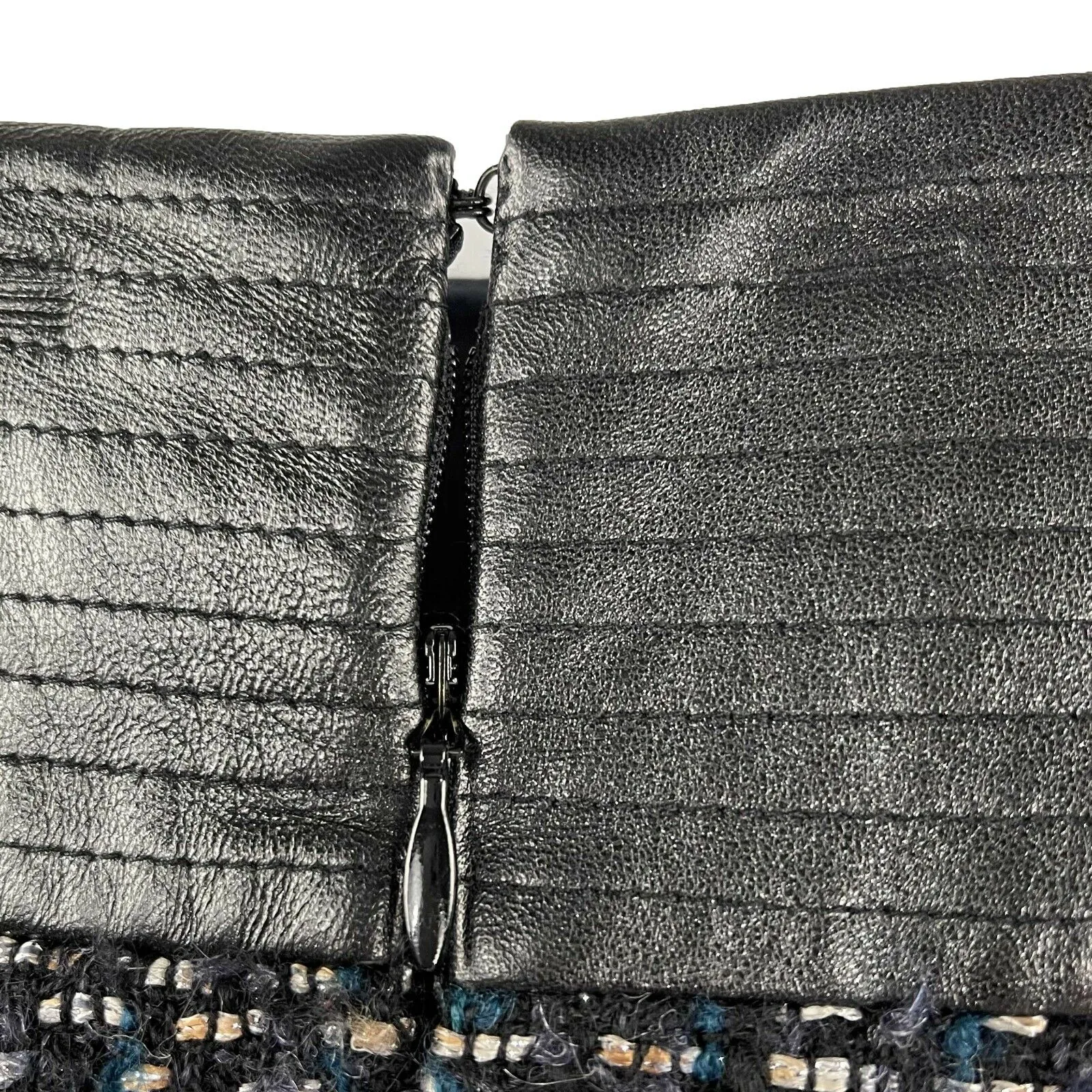 Chanel 02A Leather Trim Tweed Jacket/Skirt Suit Set - Navy Multi Metallic US L