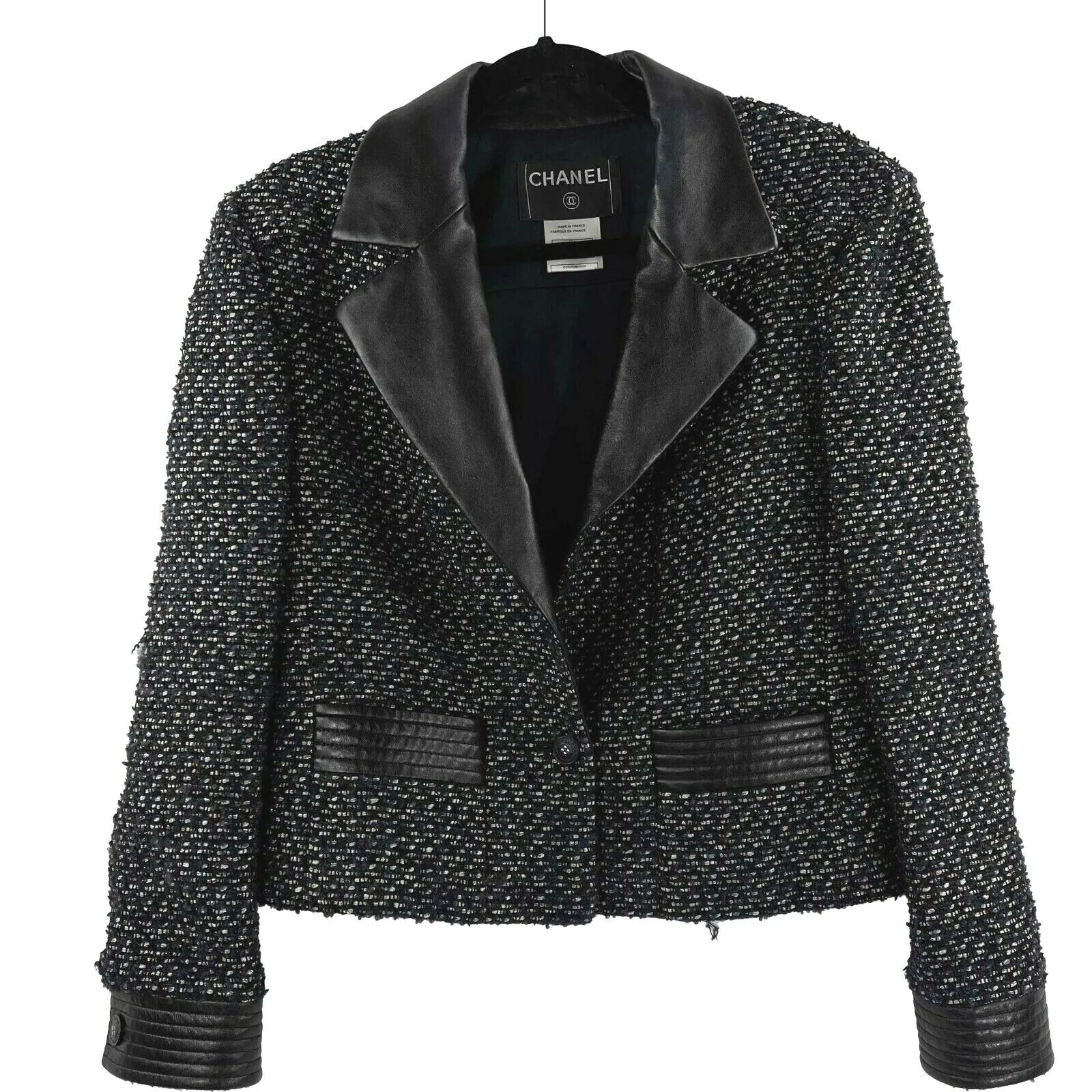Chanel 02A Leather Trim Tweed Jacket/Skirt Suit Set - Navy Multi Metallic US L