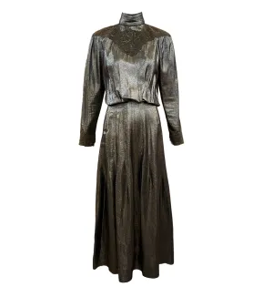 Chloe early 80s silver/gold/blue lurex dress w/lace applique