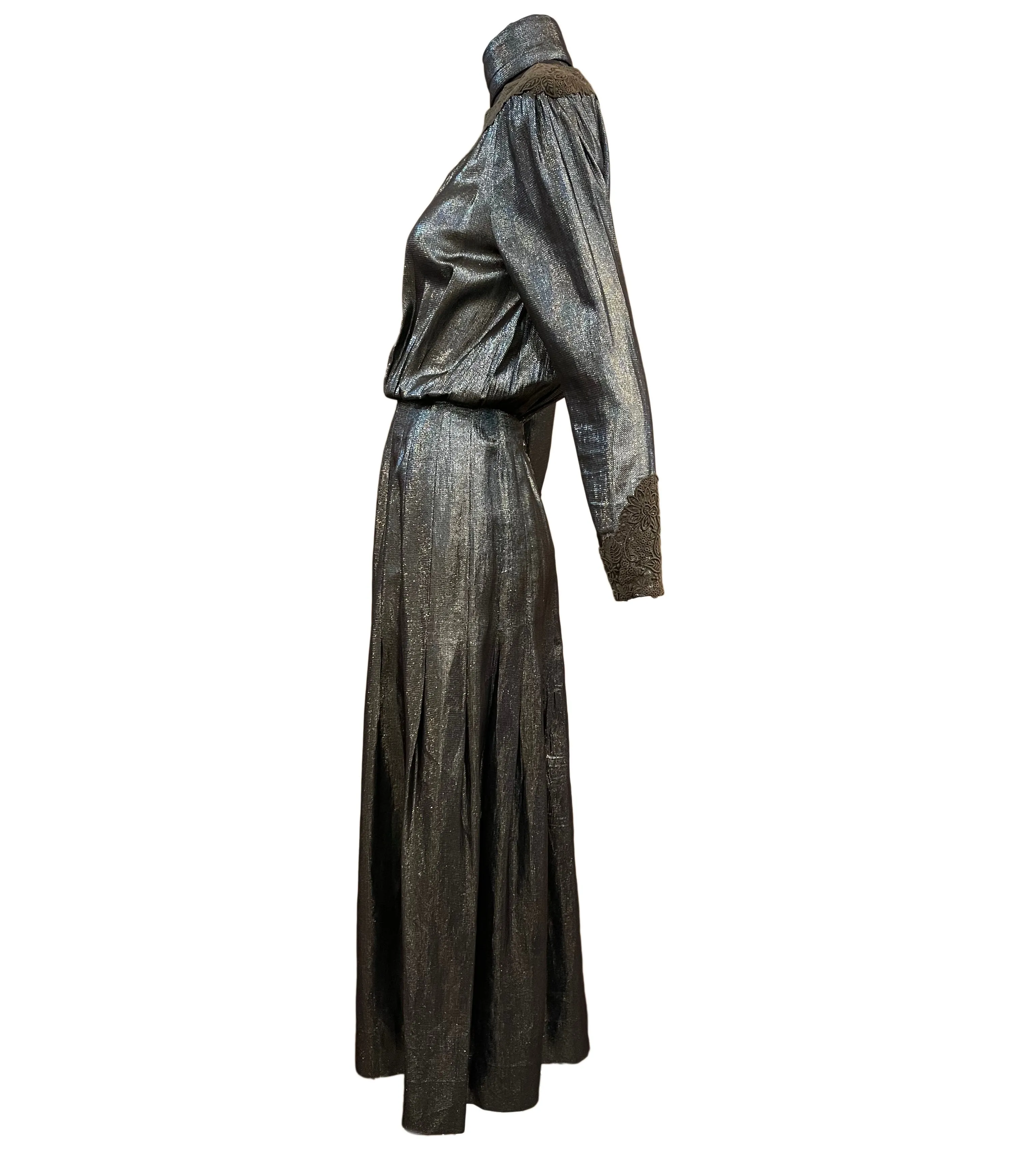 Chloe early 80s silver/gold/blue lurex dress w/lace applique