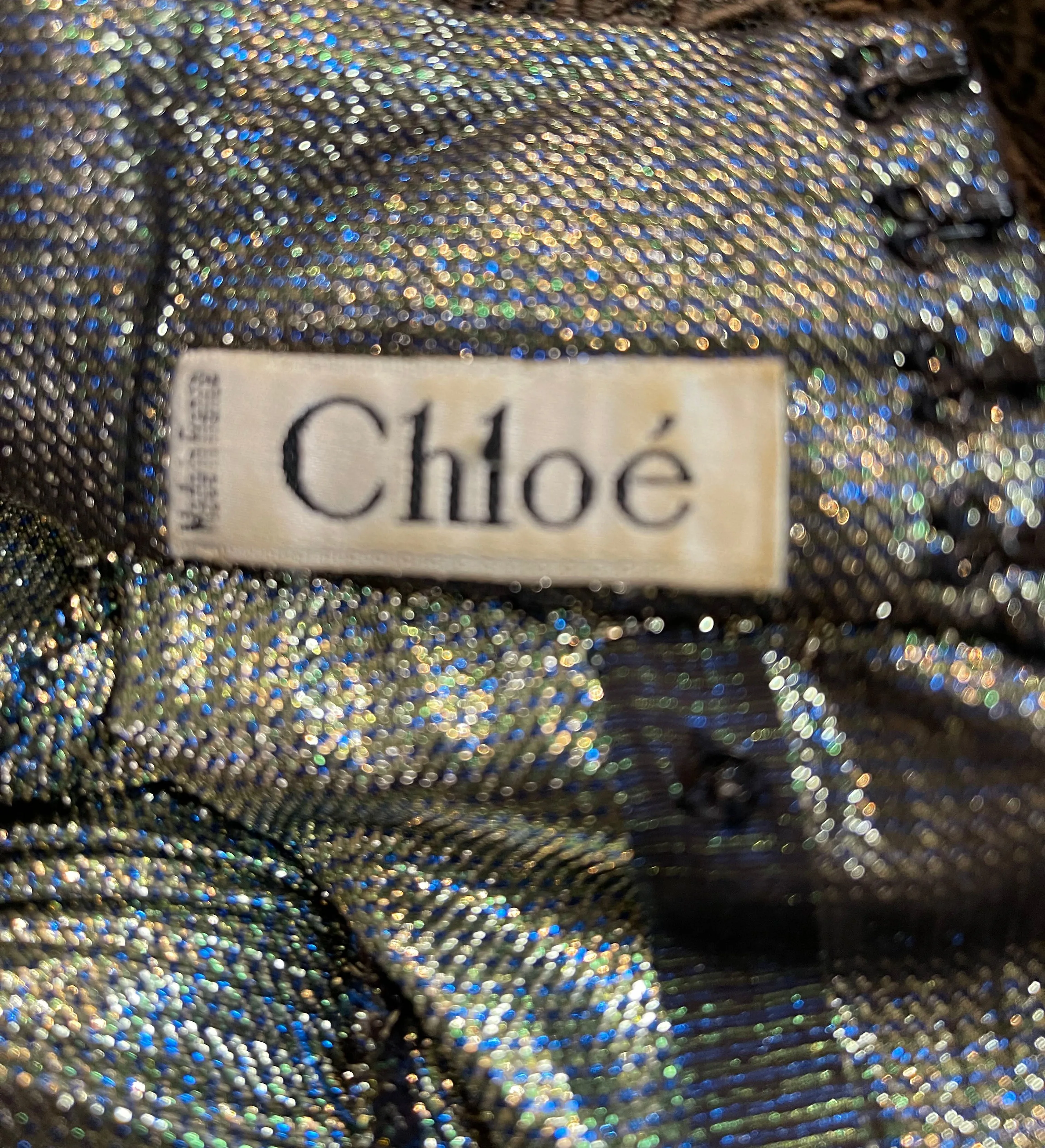 Chloe early 80s silver/gold/blue lurex dress w/lace applique