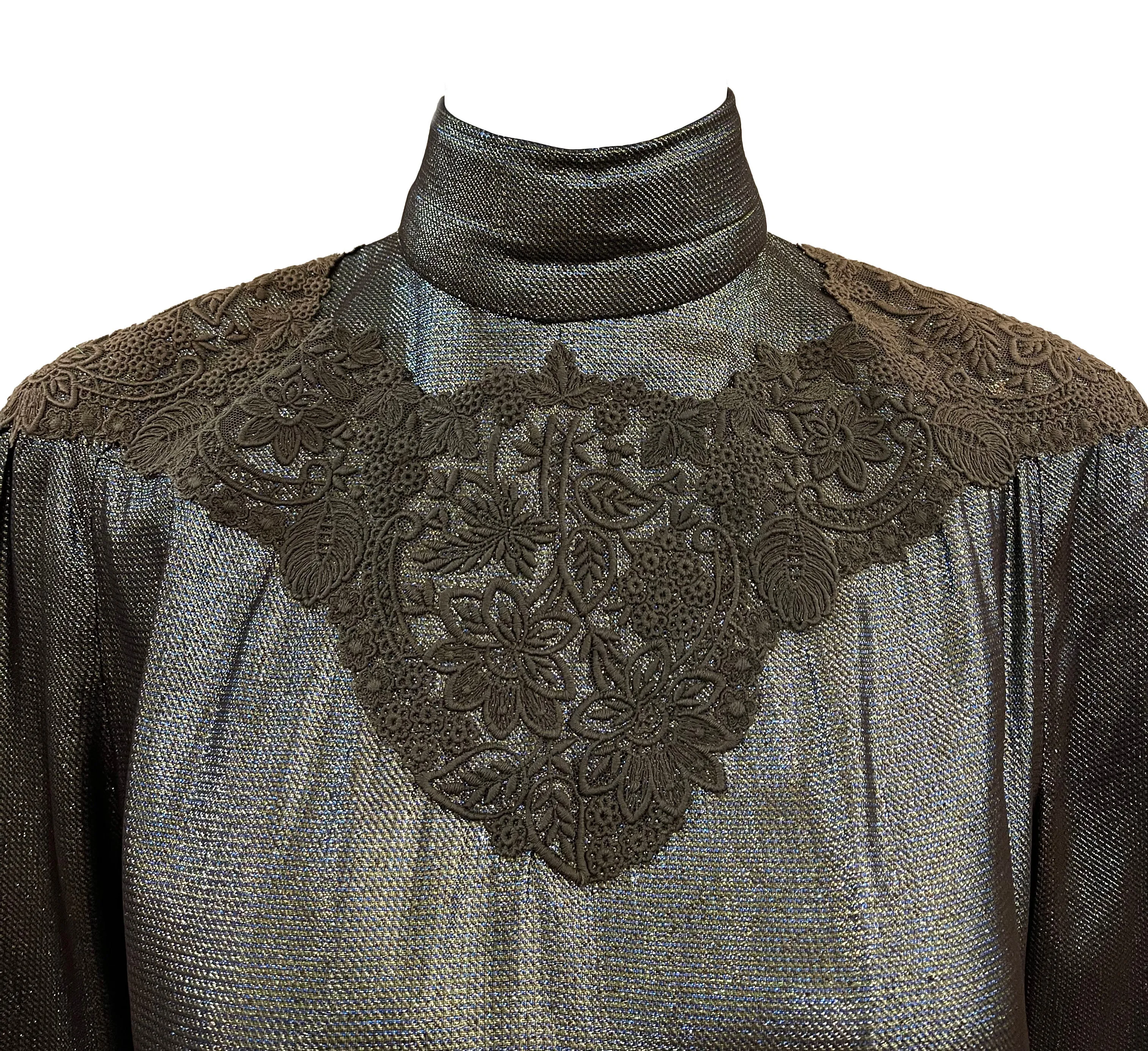 Chloe early 80s silver/gold/blue lurex dress w/lace applique