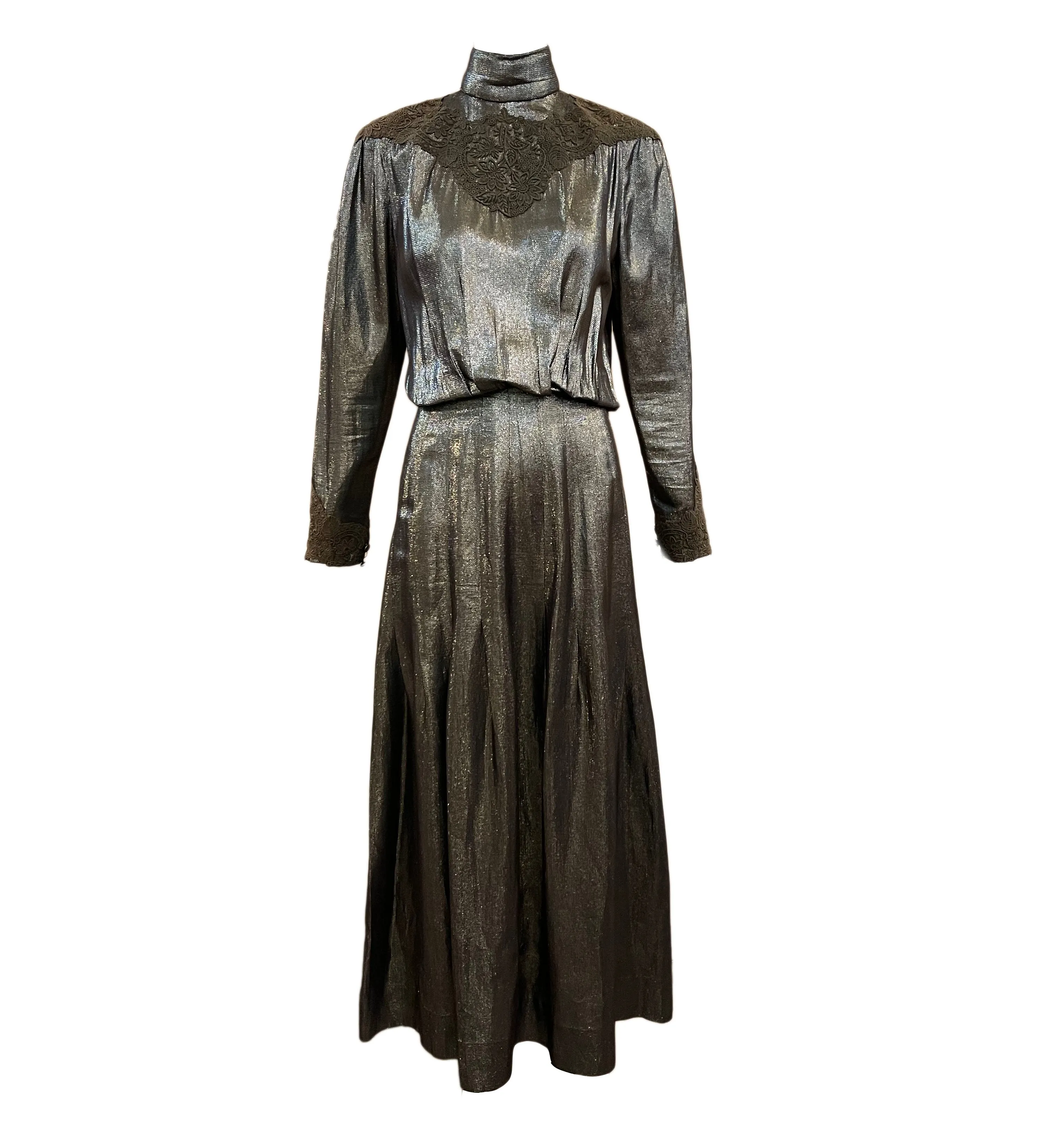 Chloe early 80s silver/gold/blue lurex dress w/lace applique
