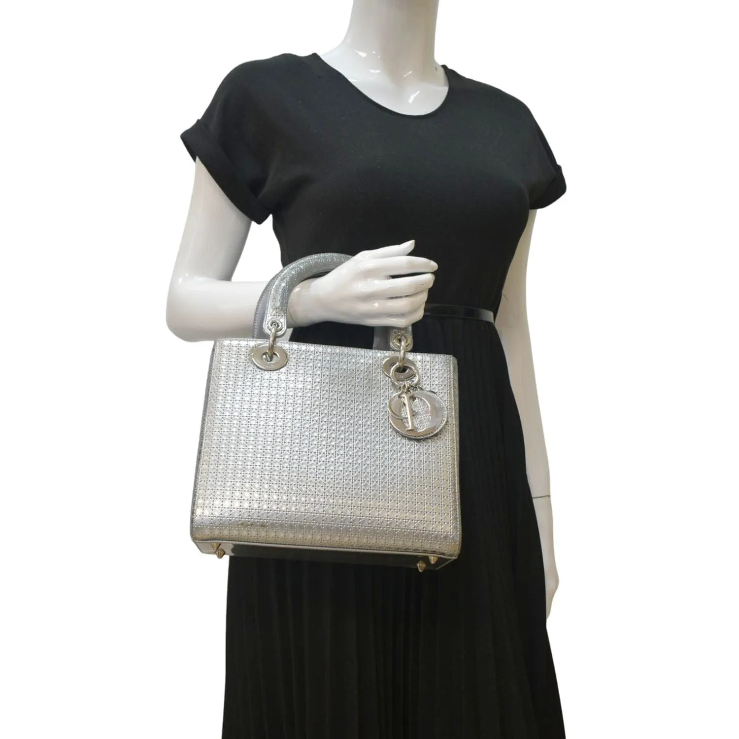 CHRISTIAN DIOR Lady Dior Micro Cannage Leather Shoulder Bag Metallic
