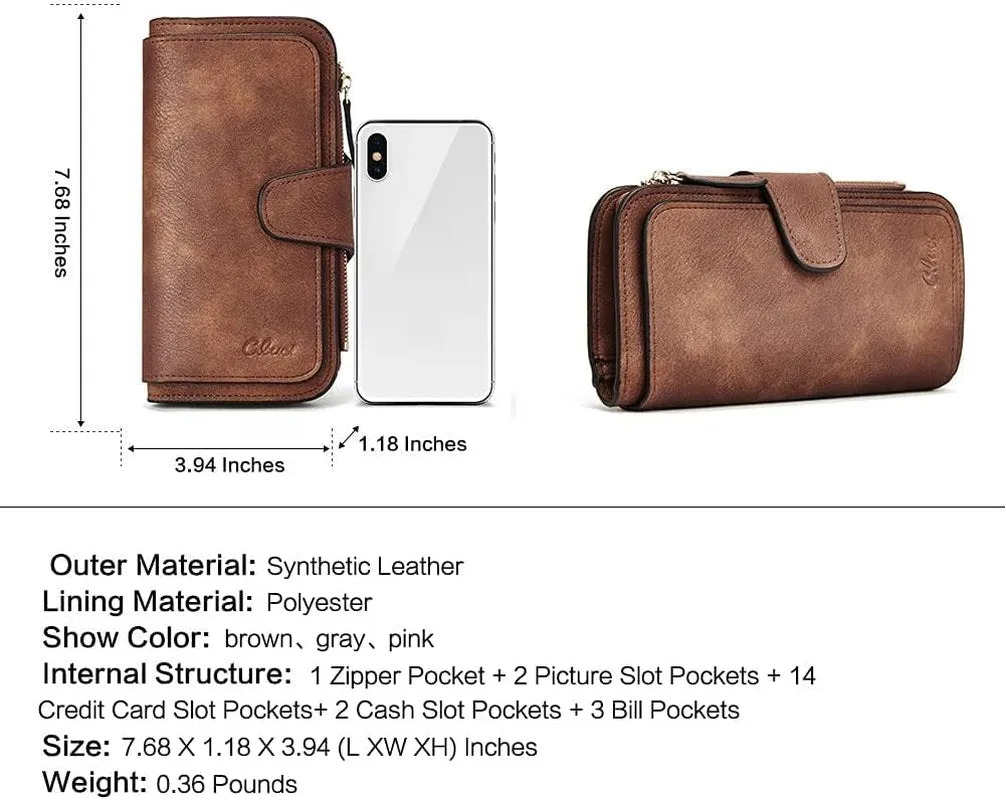CLUCI Women Leather Clutch Wallet, RFID Blocking Trifold Card Holder
