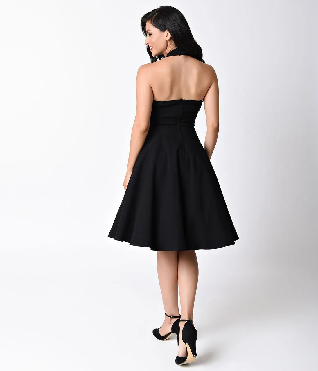 duUnique Vintage Black Criss Cross Halter Rita Flare Dress