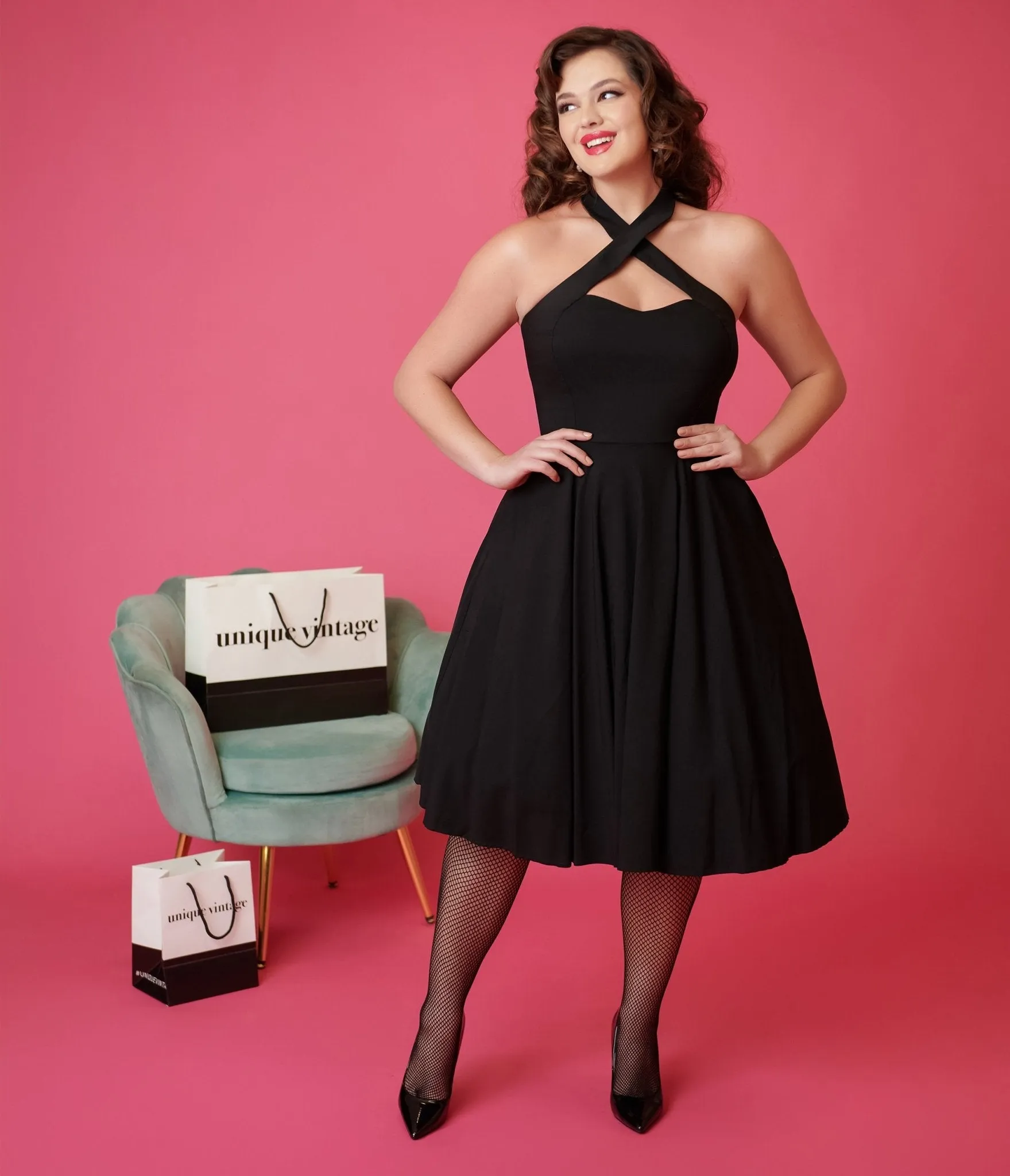 duUnique Vintage Black Criss Cross Halter Rita Flare Dress