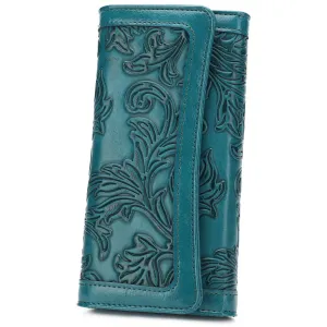 Embossed Wallet For Women RFID Blocking Ladies Long Purse Credit Card Holder Slots with Zipper Pocket-BLUE