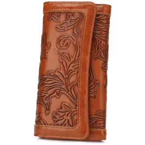 Embossed Wallet For Women RFID Blocking Ladies Long Purse Credit Card Holder Slots with Zipper Pocket-BROWN