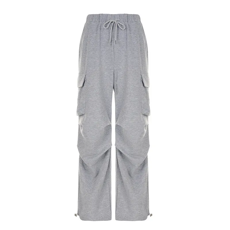 European and American Street Hot Girls Asymmetric Multi-Pocket Pleated Straight Sweatpants Women's Low Waist Drawstring Loose Cargo Casual Pants