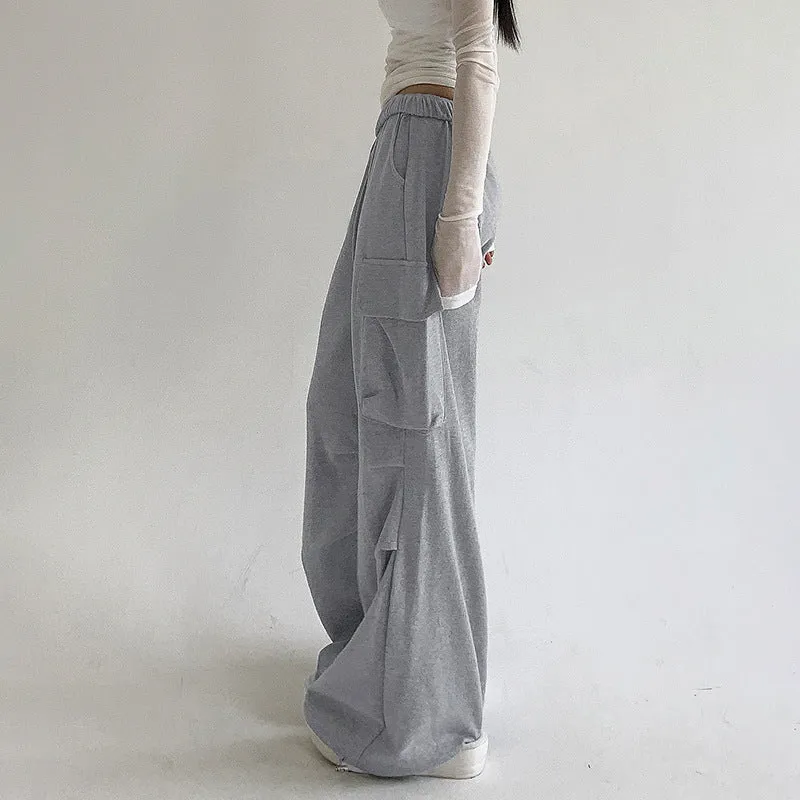 European and American Street Hot Girls Asymmetric Multi-Pocket Pleated Straight Sweatpants Women's Low Waist Drawstring Loose Cargo Casual Pants