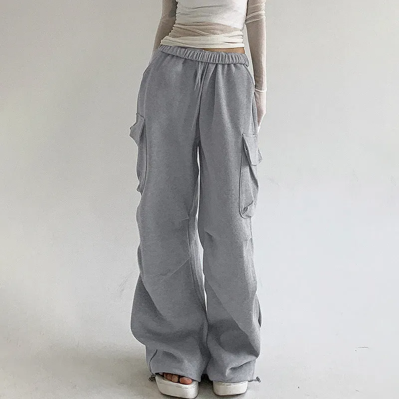 European and American Street Hot Girls Asymmetric Multi-Pocket Pleated Straight Sweatpants Women's Low Waist Drawstring Loose Cargo Casual Pants